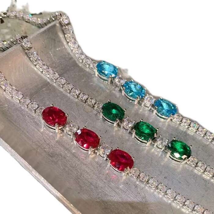Minimalist Small Round Block Blue Zircon Elegant Faux Red Corundum Bracelet For Women 174