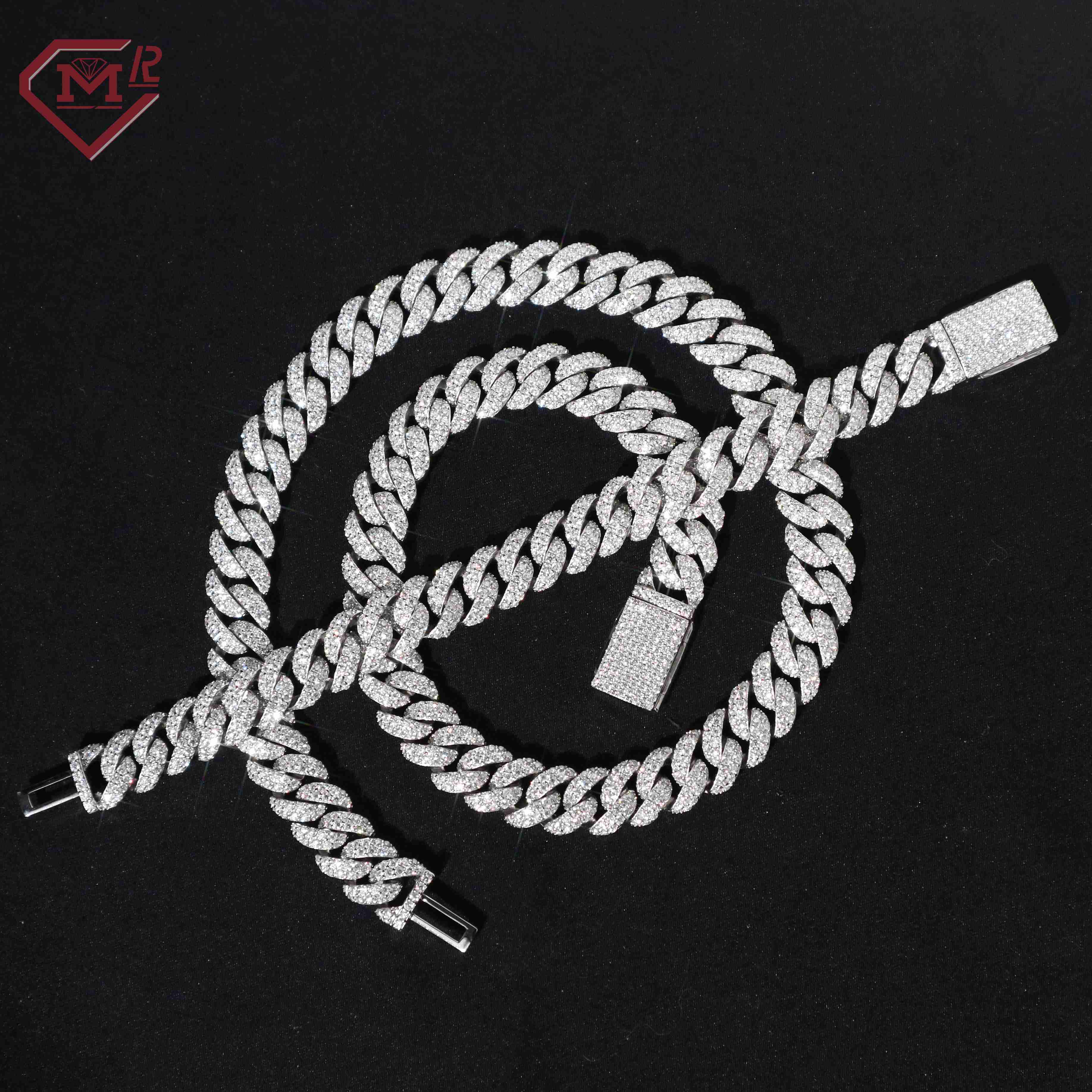 14mm Miami Moissanite Necklace Bracelet Jewelry Silver 925 Pass Diamond Test Moissanite Cuban Chain