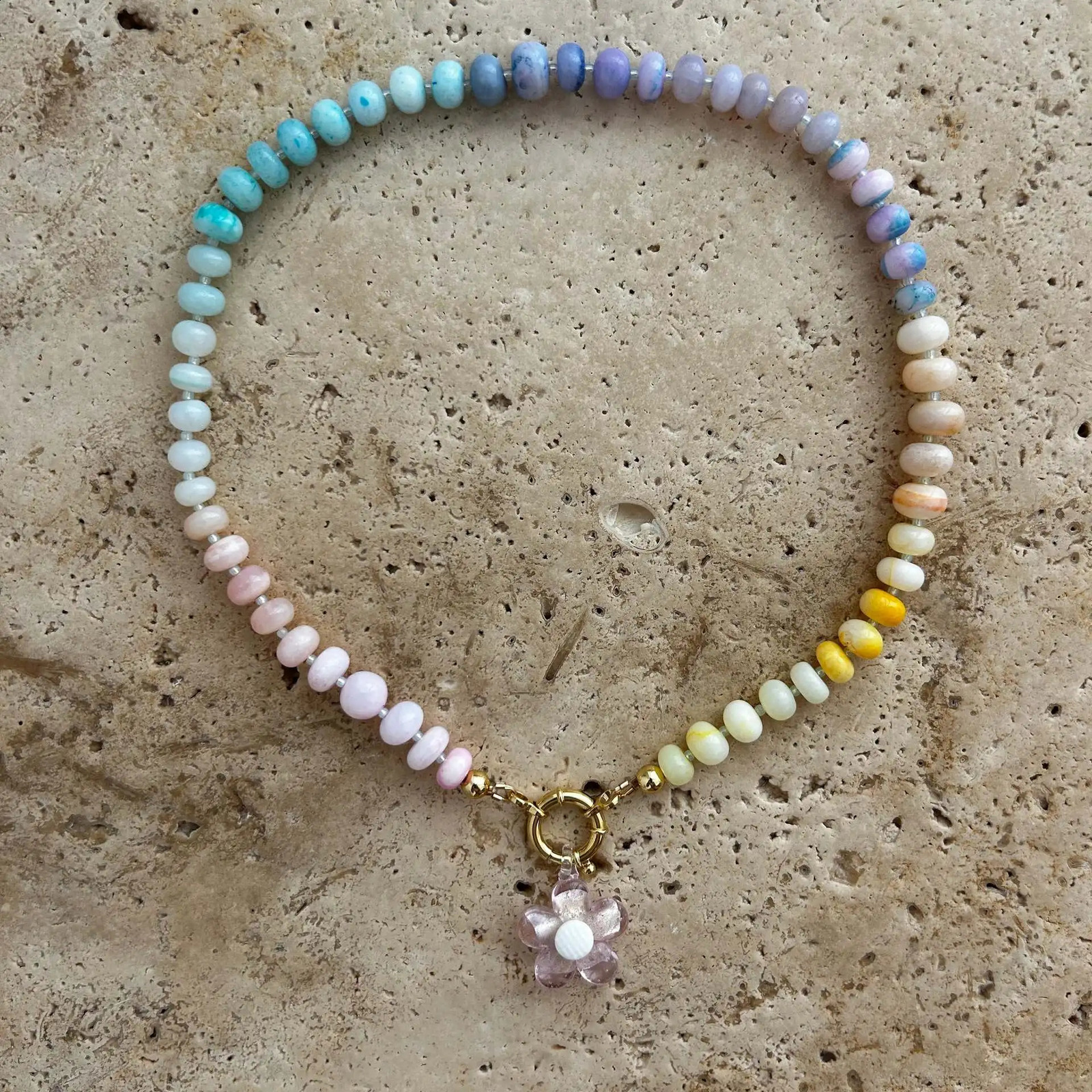 100% Handmade Acrylic Rainbow Flower Colorful Beaded Necklace Summer Beach Jewelry Gift 250707