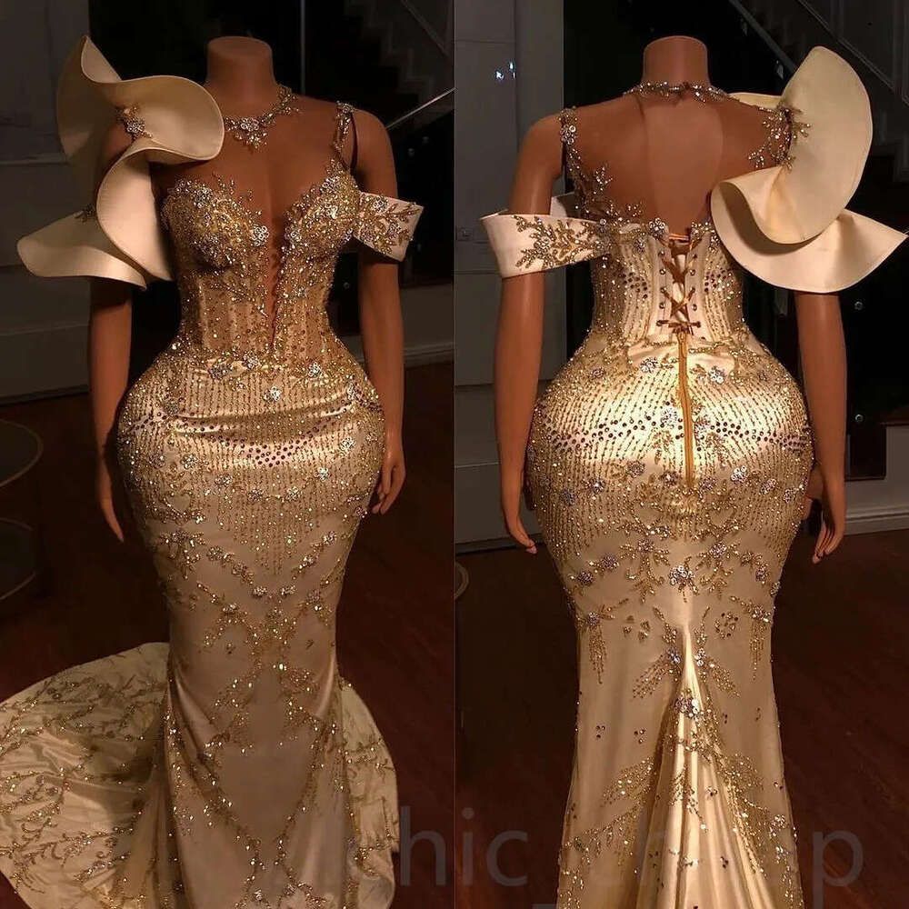 Arabic Aso Ebi Gold Mermaid Prom Dresses Lace Beaded Sexy Evening Formal Party Second Reception Birthday Engagement Gowns Dress 2025