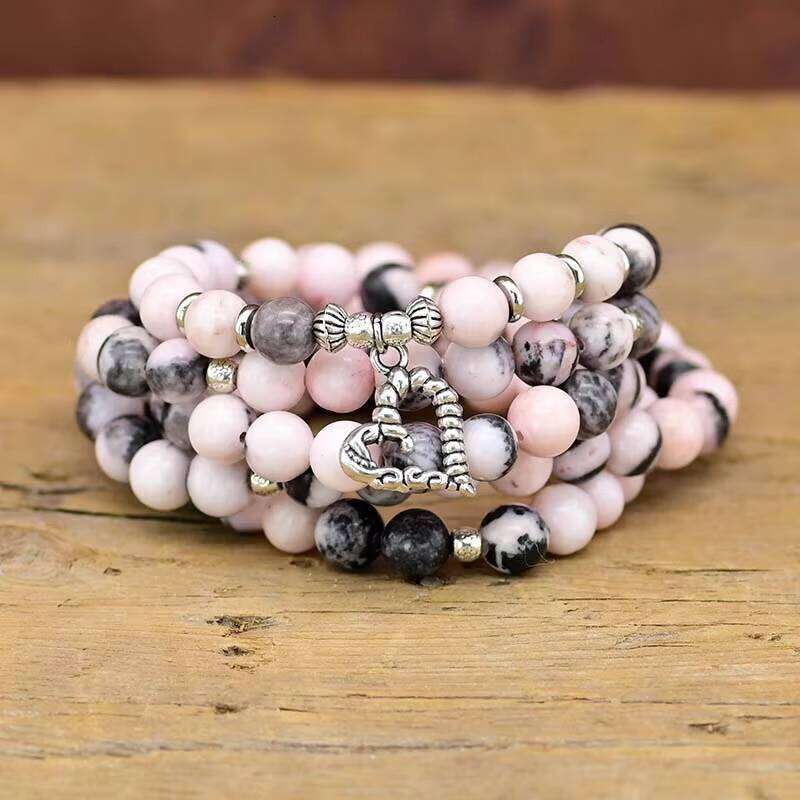 108 Healing Pink Zebra 8MM Boho Bracelet Handmade Natural Stone Beads Mala Necklace Wholesale