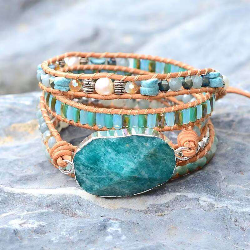 Wrap Crystal 5-Layer Leather Strap Multi-Layer Bohemian Woven Statement Bracelet