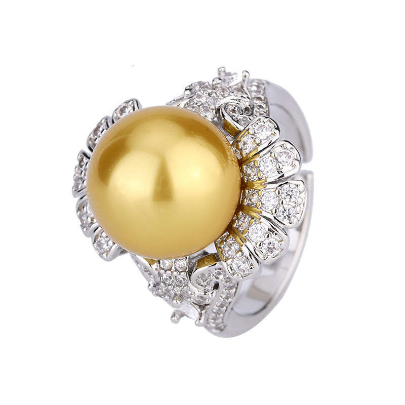Huayoumei Jewelry Imitation Natural French Style Flower Inlaid Diamond White Index Finger Yellow Shell Pearl Ring 843
