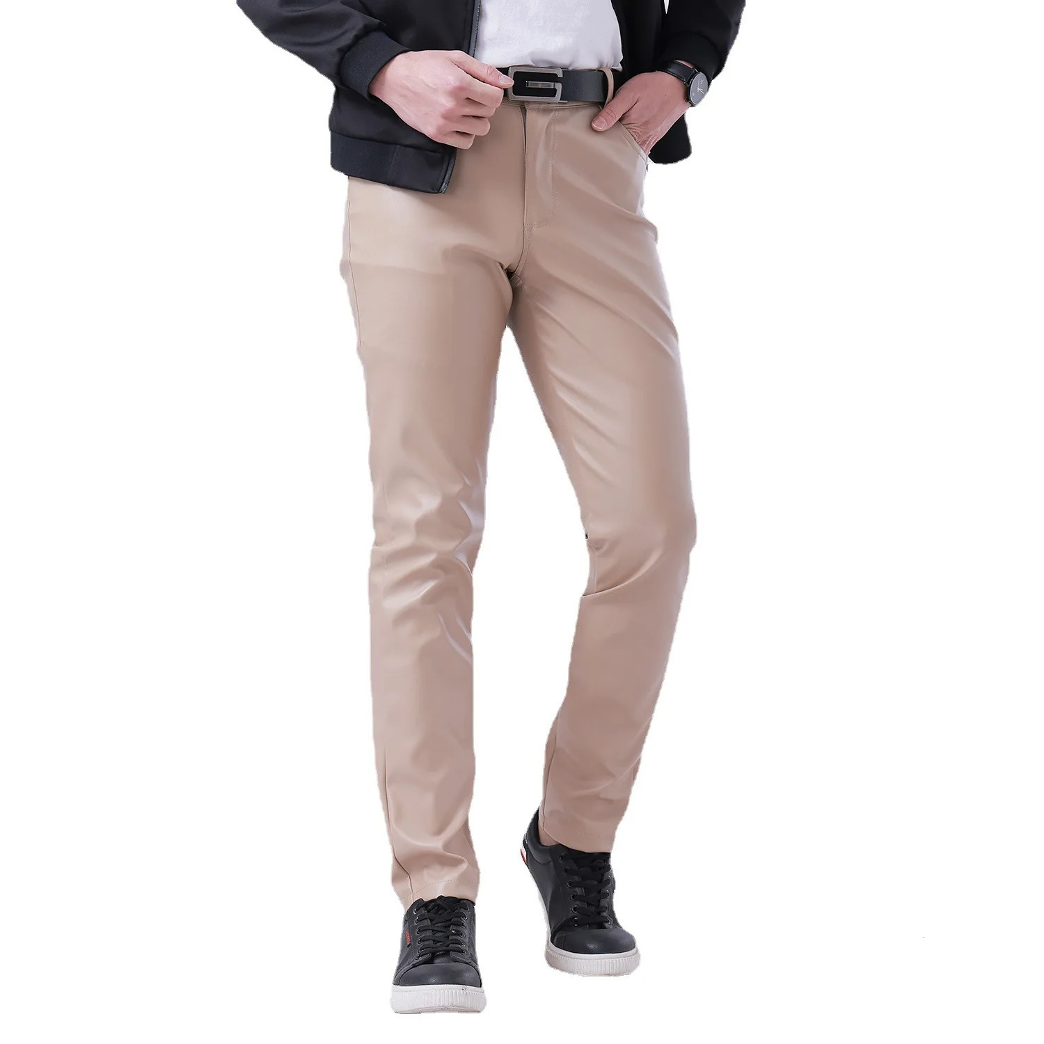 Spring and summer thin section youth leather pants mens elastic Slim fashion bar 250704