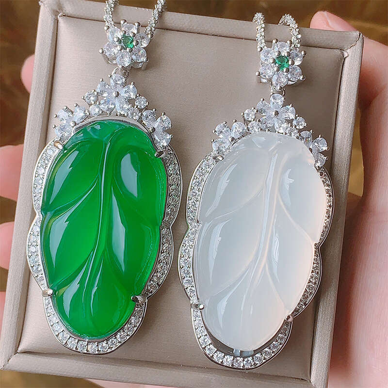 Huayoumei Jewelry Green White Chalcedony Large Leaf New Chinese Accessories National Style Universal Necklace Pendant 29D