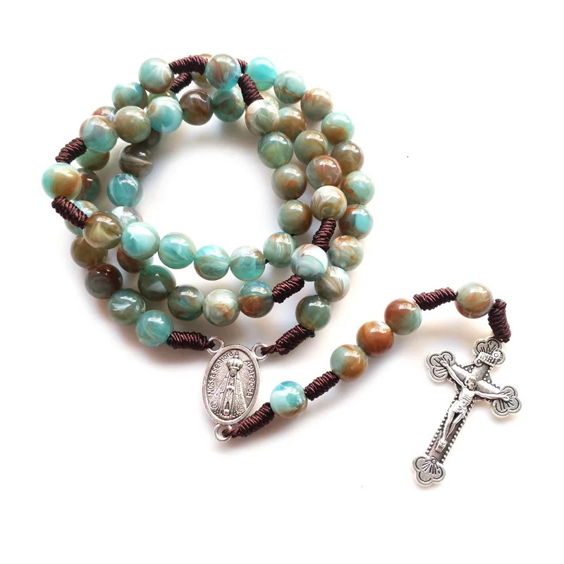 QIGO Catholic Jewelry Blue Acrylic Strand Weave Rosary Necklace Cross Religious Gifts 250704