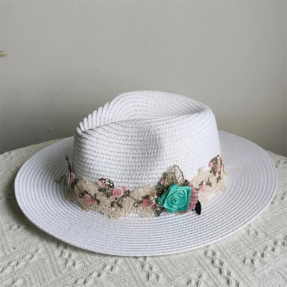 Flower Elegant Womens Hat Dome Fedora Party Felt Women Church Wide Brim Wedding Summer Sun Hat 250707