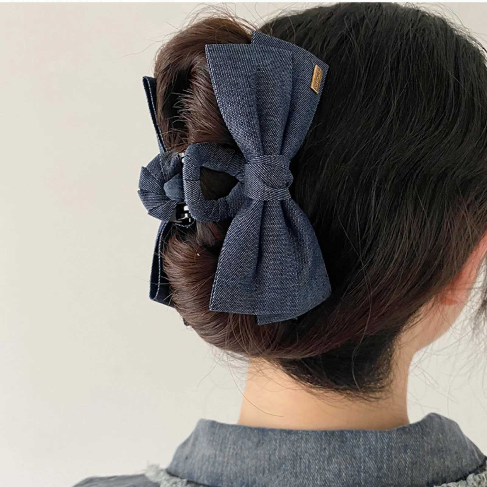 1PC Cowboy Cloth Hair Clip Bow Clip Headdress Female Back of Head Plate Hair Grab Clip Temperament Large Shark Clip Hairpin Z250707