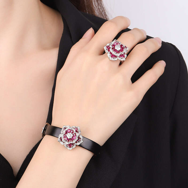 Jewelry Two-Piece Set Camellia Ring Full Diamond Noble Topaz Blood Red Bracelet For Women 405