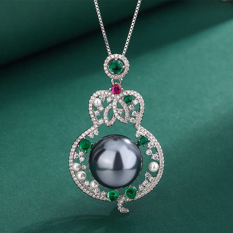 Fashion Red Gourd Pearl Necklace With Hollow Emerald Zircon Pendant For Women 393