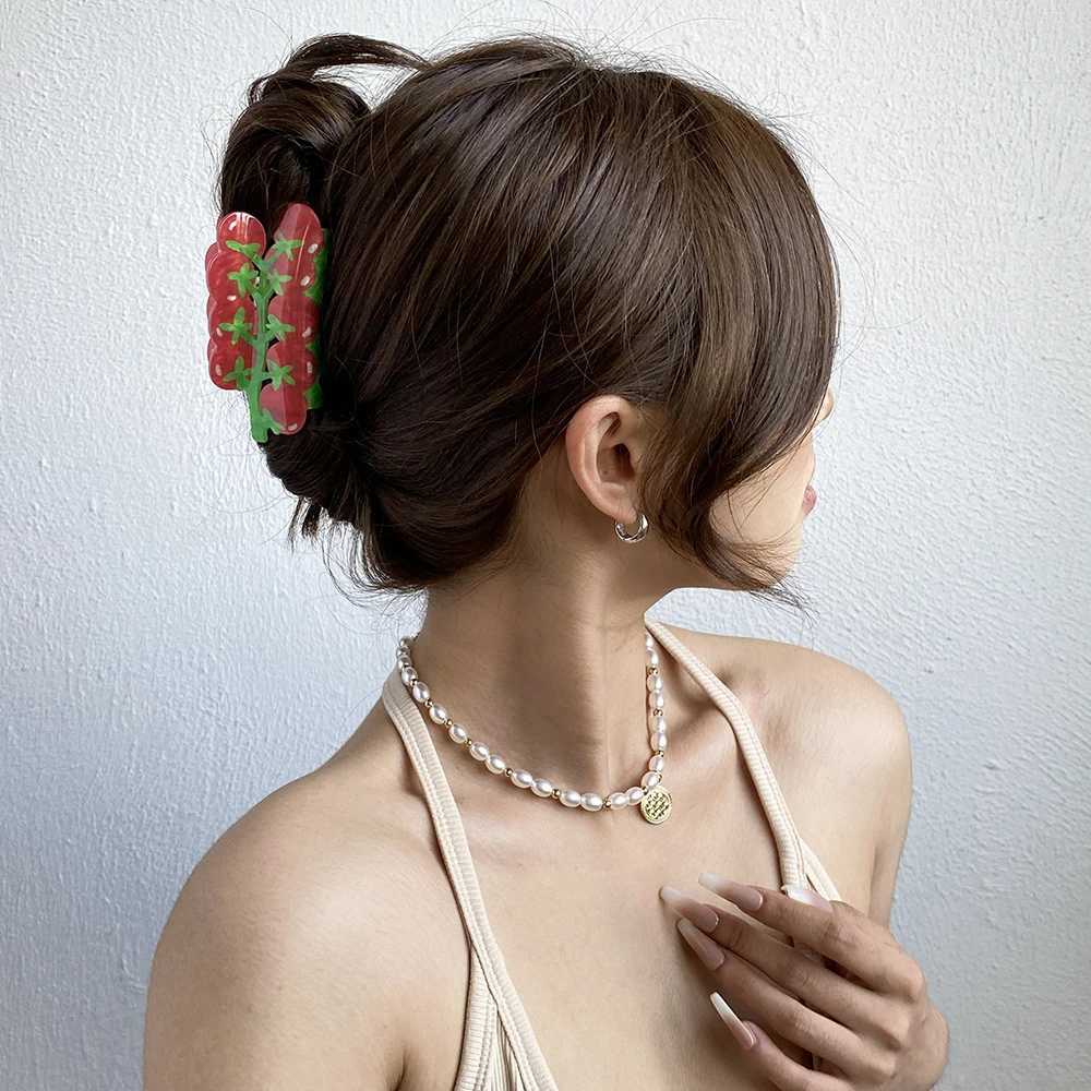 Red Cherry Tomatoes Double Sided Printed Shark Hair Clip Claw For Women Girls New Acrylic Fixed Ponytail Hairpin Hair Accessory Y250707