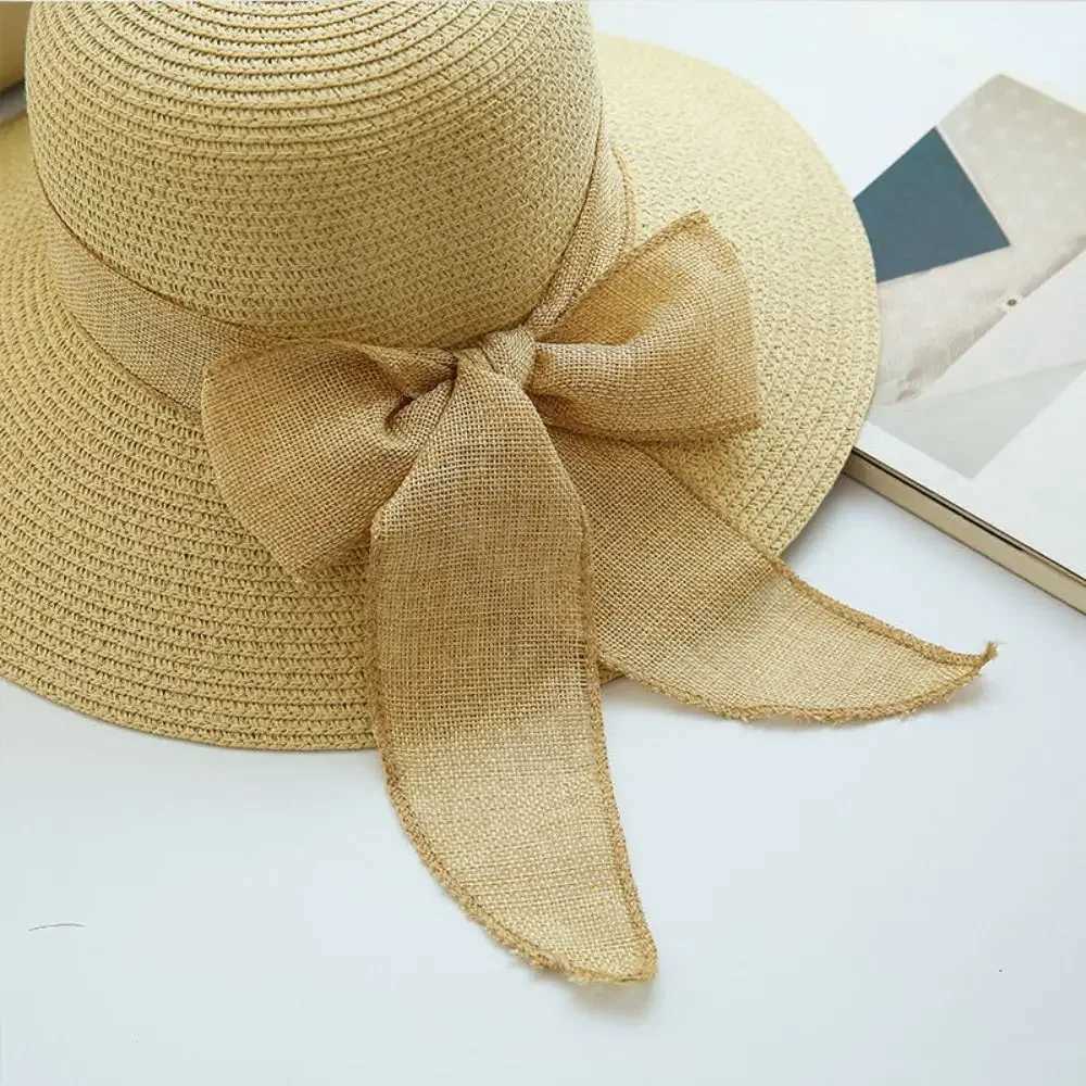 New Summer Women Sun Hat Casual Fashion Bowtie Fisherman Hat Straw Hat with Bow Ribbon Travel Beach Hat Y250707