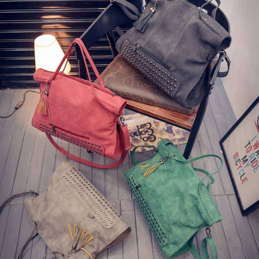Fashion Rivet High Quality Nubuck Leather Ladies Hand Large Shoulder Bag Handbags Women Bags Designer