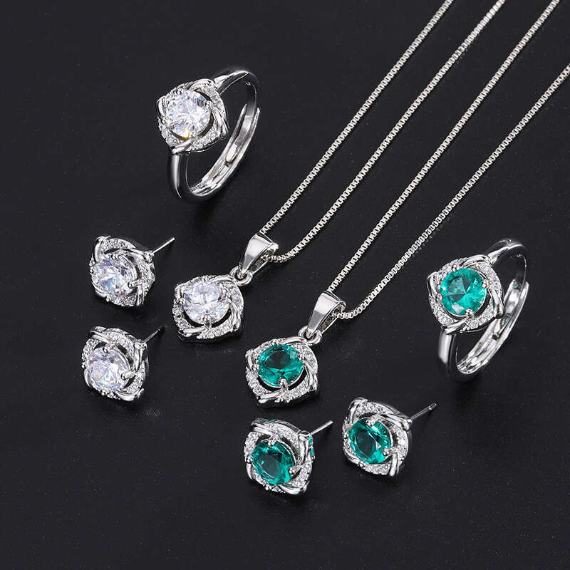 Jewelry Three-Piece Set S Sier Needle Imitation White Green Dia Earrings Ring Pendant Necklace D63