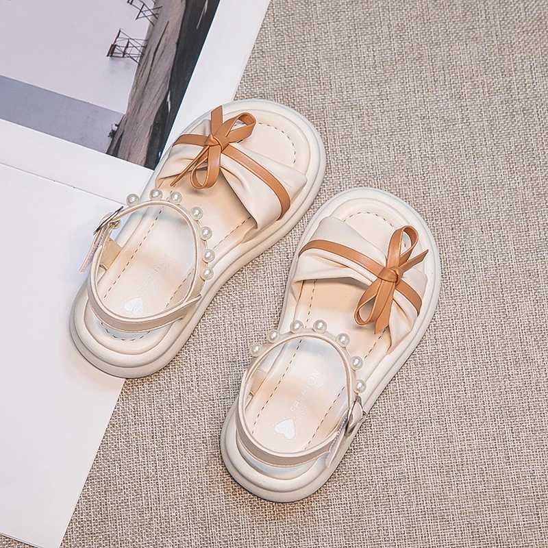 Girls Sweet Princess Sandals Soft Bottom Children Summer Beach Shoes Non-Slip Soft Sole Kids Flats Beading Sandals with Bow-knot R250707