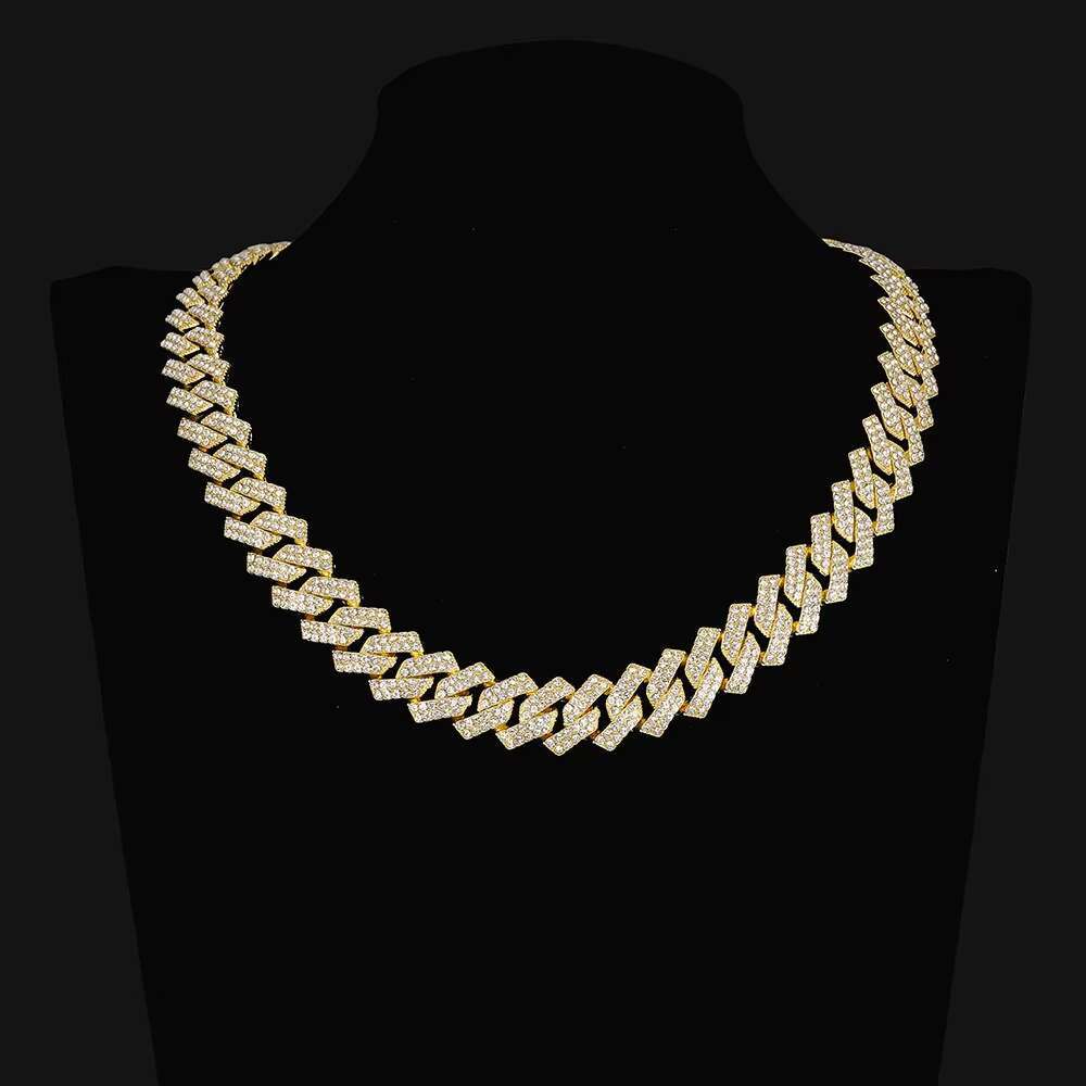 Moissanite Cuban Link Chain 15MM Diamond Gold Plated Alloy Fashion Jewelry Hip Hop Necklace Bracelet for Men