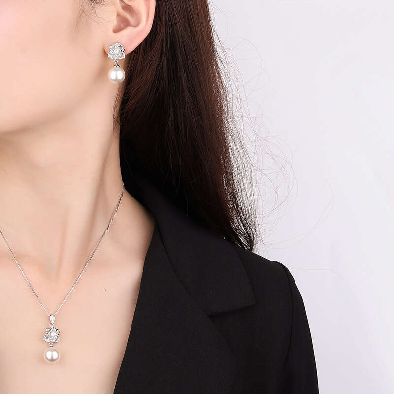 Camellia Set 12Mm Necklace New Inlaid Gray Shell Pearl Stud Earrings For Women Fashion 327