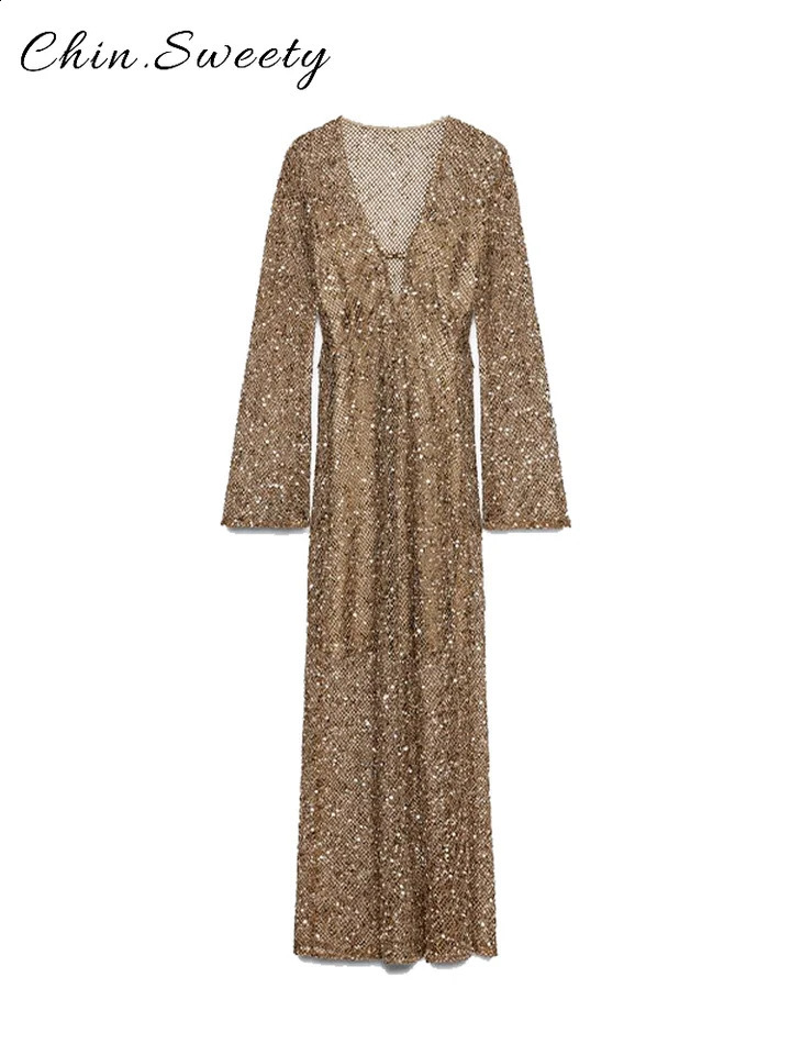 Sexy Sequined Long Pleated Dress Women Solid Deep V-neck Full Sleeve See Through Dresses 2025 Summer Lady Party Evening Robe 250703