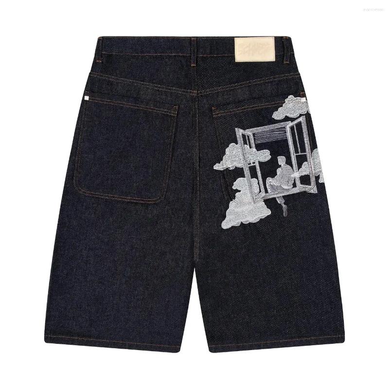 Men's Shorts Aziza Black Loose Pattern Pocket Denim Mens Womens Hip Hop Retro Punk Jeans Short Street Knee Lenght Jorts