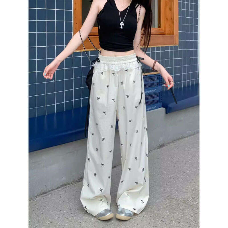 American Sweet Bow Lace Patchwork Casual For Women Summer Autumn New High Waist Loose Slimming Wide Leg Pants B5