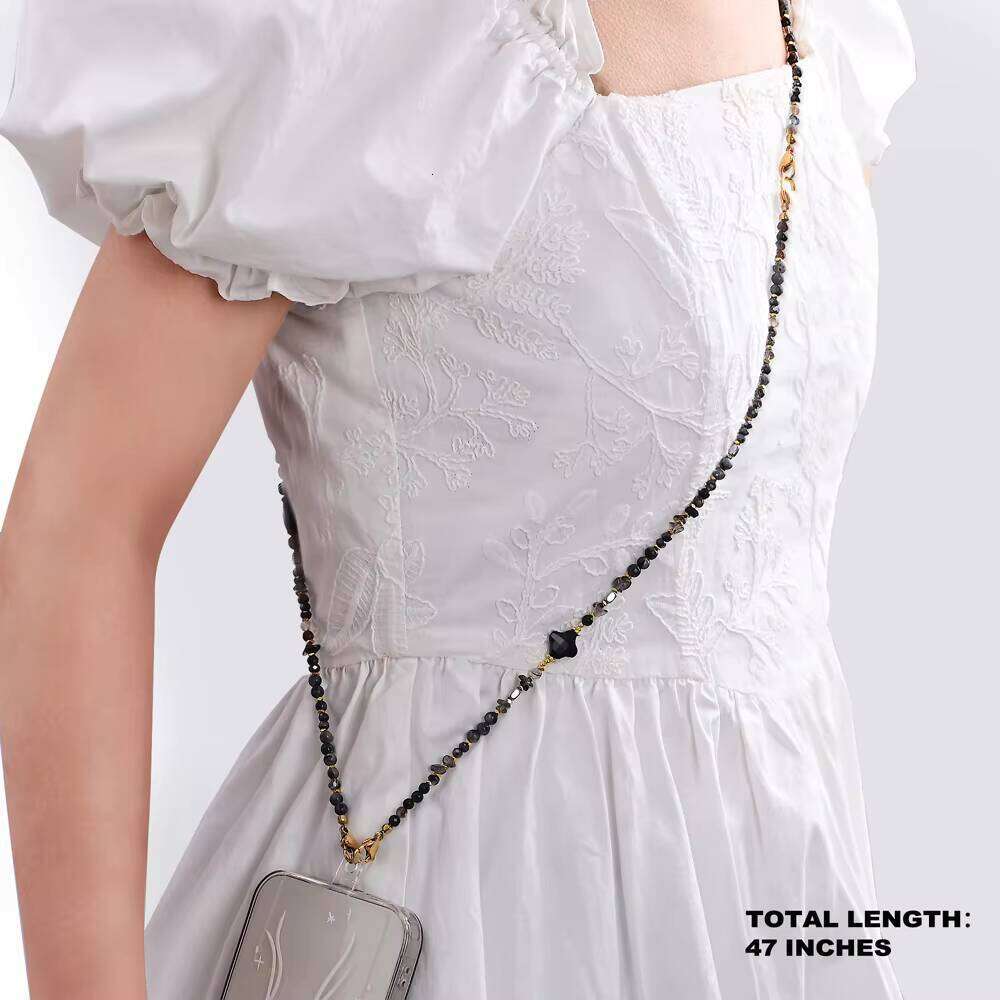 Bohemian Black Onyx Four-Leaf Clover Natural Stone Bead Phone Chain Multi-Use Friendship Jewelry