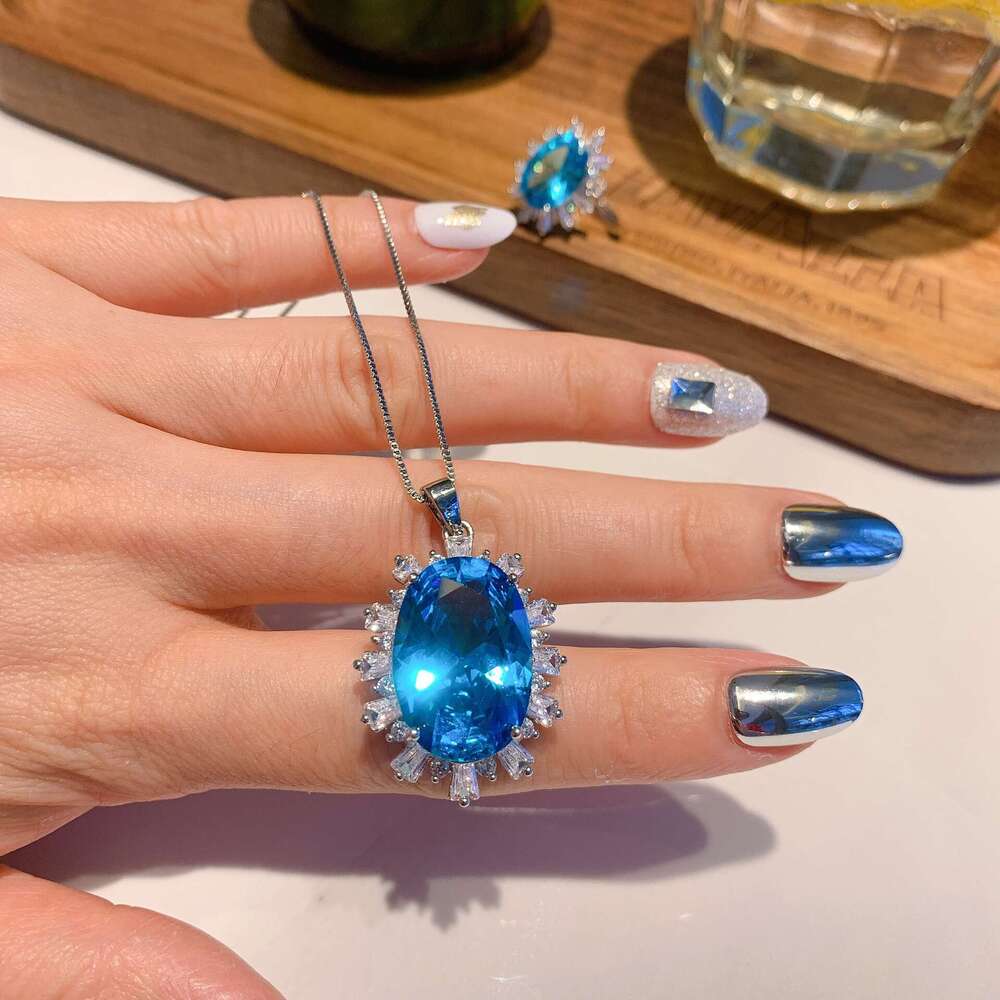 New Style Simulated Princess Square Aquamarine Topaz Full Dia Color Gemstone Open Ring Luxurious Pendant Necklace Eac