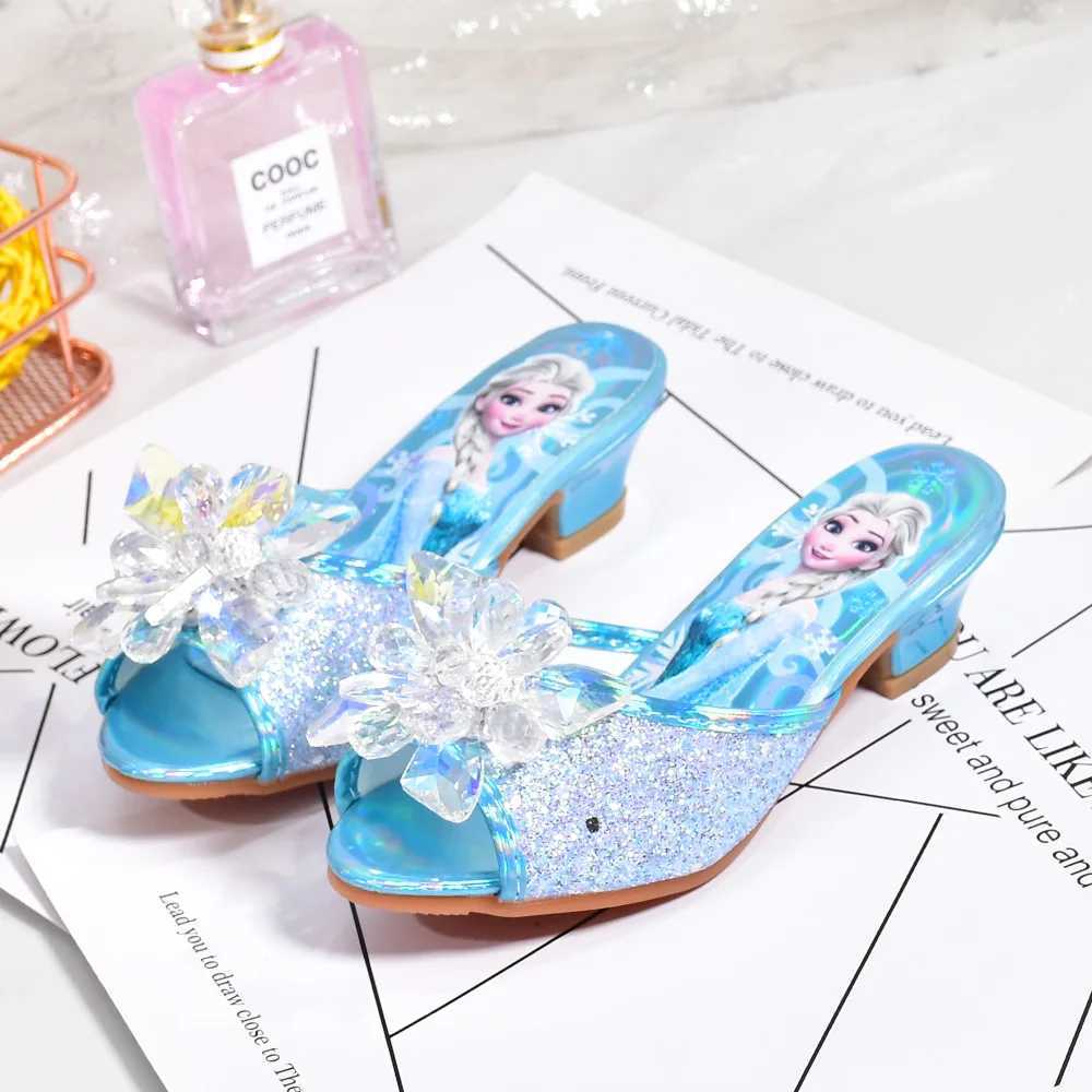 Frozen Princess Elsa Shoes Slippers Girls High Heels Mules Fashion Crystal Shoes Children Summer Sandals Size 26-37 z2507085TZU
