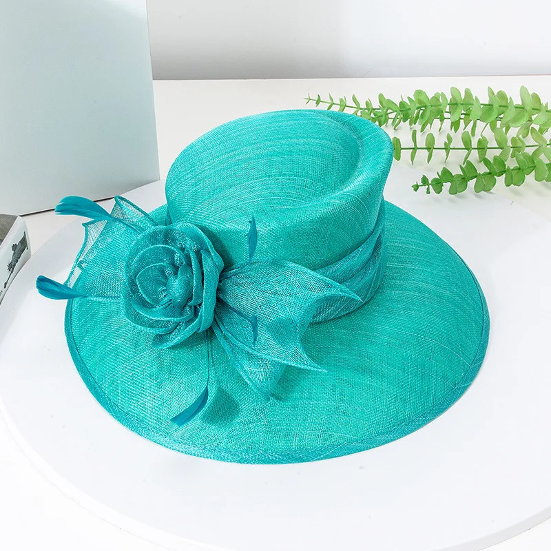 y Blue Sinamay Church Hat For Women Elegant Feather Wedding Bridal Bowler Hats Cocktail Party Derby Cap Chapeau Femme 250707
