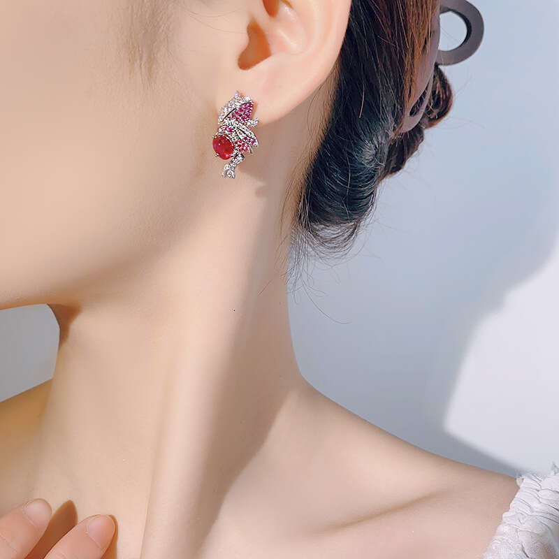 Huayoumei Jewelry S Sier Needle Earrings Red Corundum Blue Spinel Women's High-End Feel 27C