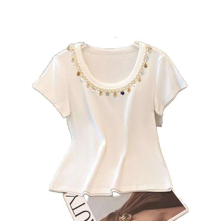 Heavy Craft Sleeve T-Shirt For Women Summer New U-Neck Slim Fit Short Top B5