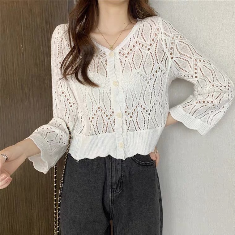 2025 Summer new women's T-shirt hollow knitted cardigan women's loose cover shirt short sleeved top new designer T-shirt