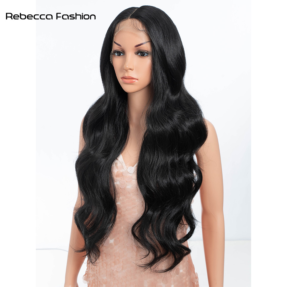 Rebecca Fashion Front High-definition T-Lace 28 Inch Synthetic High Temperature Fiber Resistant Body Wave 13*4*1 Lace Bangs Daily Party For Women