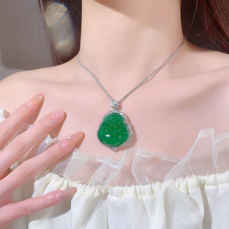 Huayoumei Jewelry Green White Chalcedony Laughing Buddha New Chinese Accessories National Style Maitreya Necklace Pendant 401