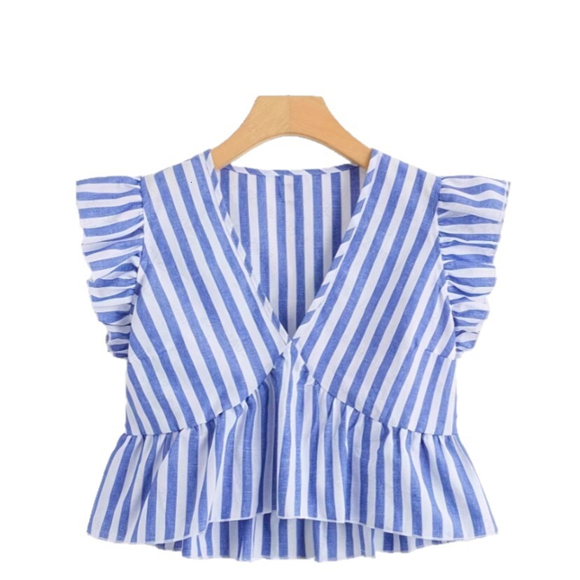 2025 summer new women's T-shirt V-neck ruffle and ruffle edge T-shirt fresh temperament striped decoration new designer T-shirt