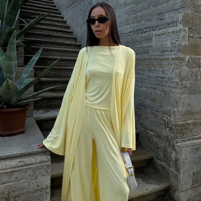 DriftWear 2025 Summer Casual Long Cardigan Long Sleeved Top High Waisted Pants Fashionable Set Office Wear 3pcs Baggy Suit Pants 250703