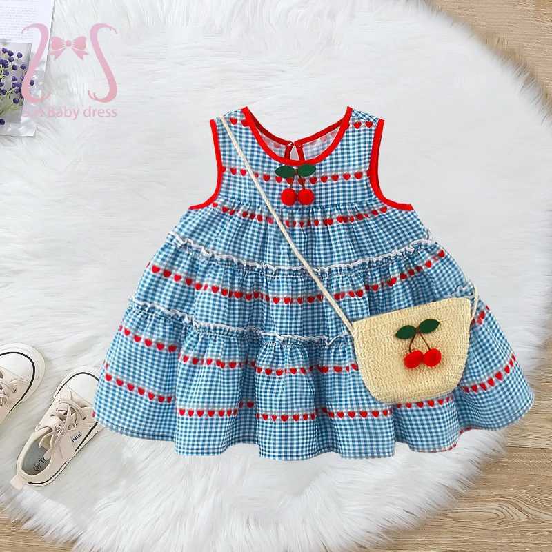 2Pcs/Set Summer Baby Girl Blue Plaid Dress Lovely Cherry Kids Clothing Fashion Toddler Sleeveless Dresses 0-4 Years Children Costume R250707