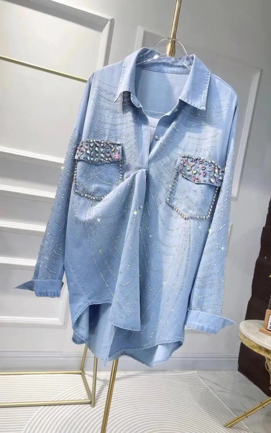 In Autumn Trend Fashionable Drilling Denim Coat Womens Loose Casual Jeans Jacket Woman Clothes 250703
