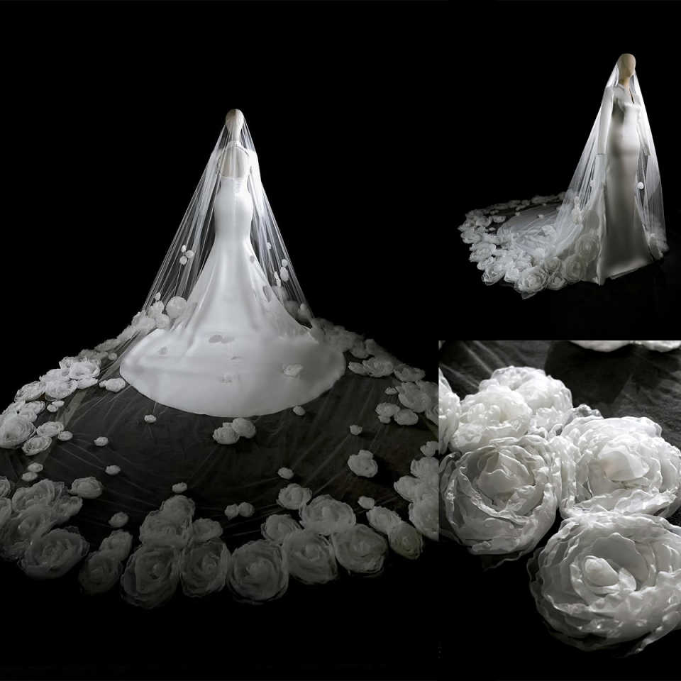 Hand Made Flowers One Layer Wedding Veil Long Length Tulle Bridal Veil With Comb Ivory White Veils Accessories Customized