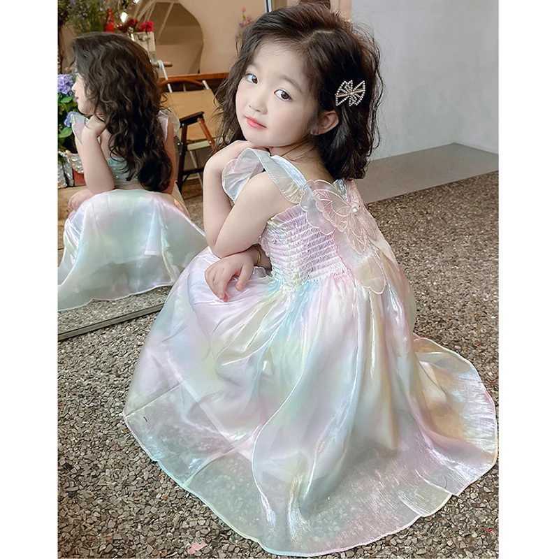 1-8 Years Cute Summer Princess Girls Dress Gradient Rainbow Butterfly Decoration Mesh Dress For Girls Party Prom Gown Clothes R250707