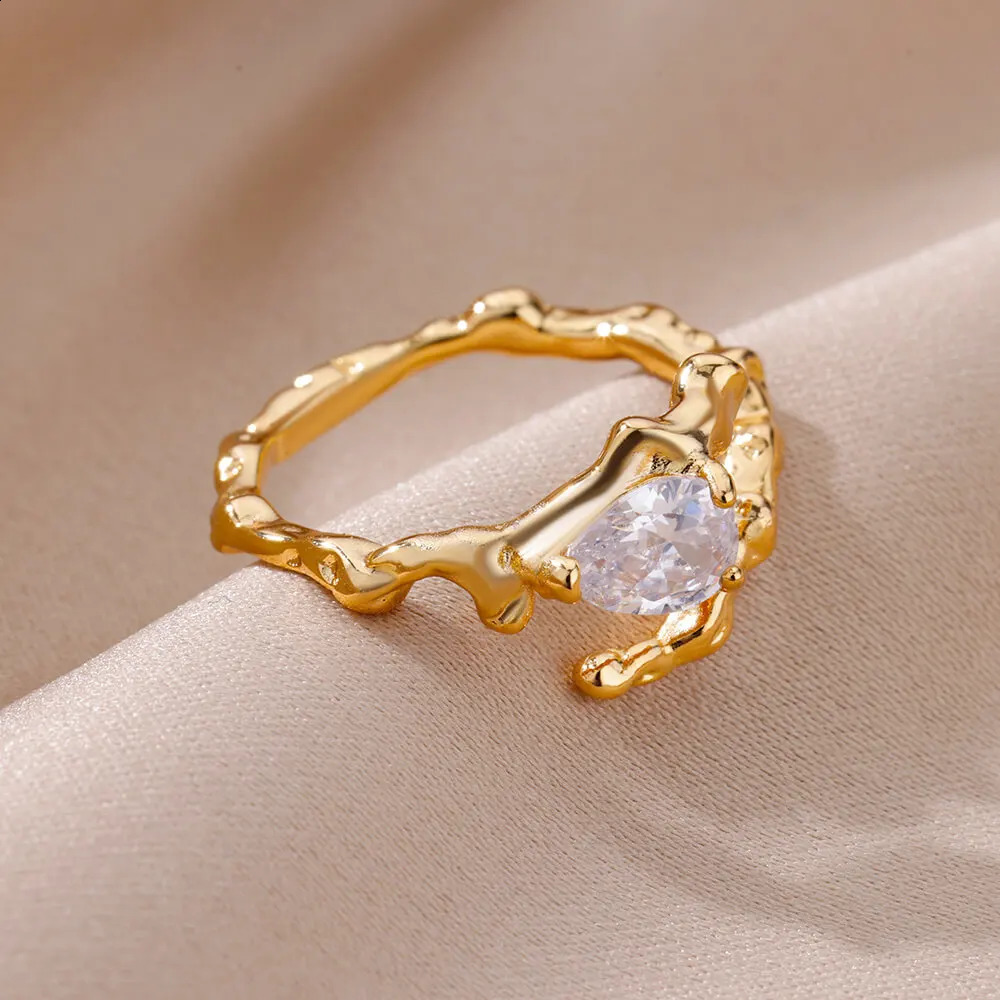 Water Drop Zircon Texture Rings For Women Gold Plated Stainless Steel Adjustable Ring 2023 Trend Wedding Aesthetic Jewelry Gift 250624