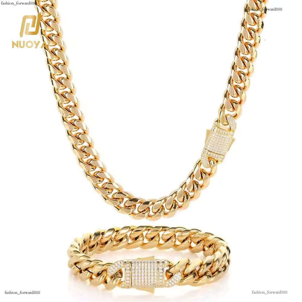 Unisex 10mm Cuban Link Necklace Micro Pave CZ Dia Clasp Stainless Steel Chain Gold Plated Jewelry for Men and Women's Gift