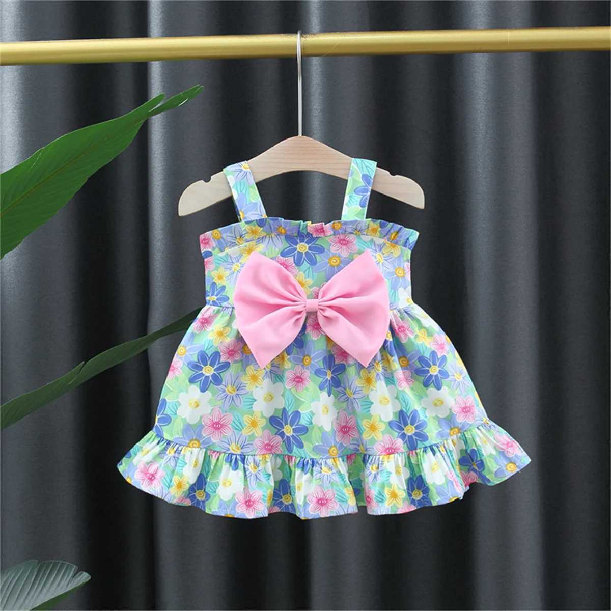 Summer Baby Girls Dress Strawberry Flowers Big Bow Strap Daily Knee Length Dress R250707