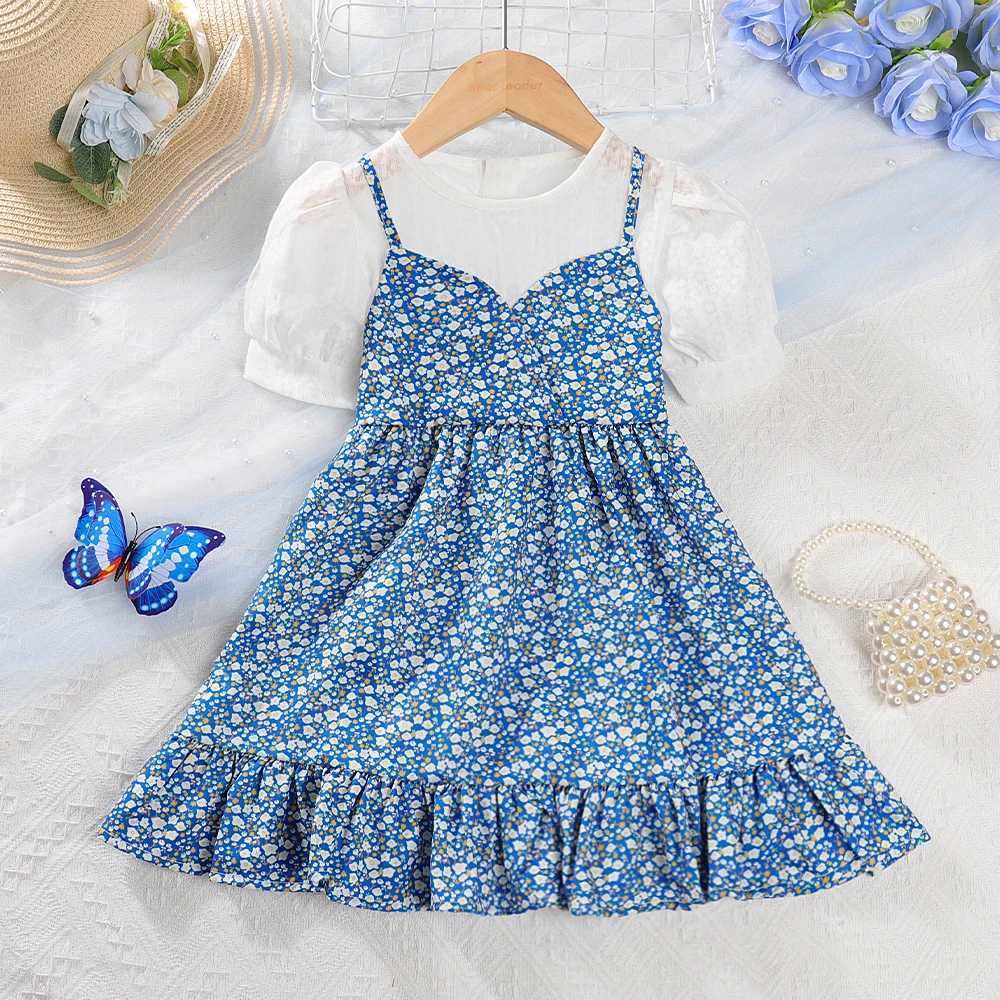 Summer New Girls Fashion Puff Sleeve Princess Dress 1 Pc Children Retro Floral Print Casual Clothes 3-7 Years R250707