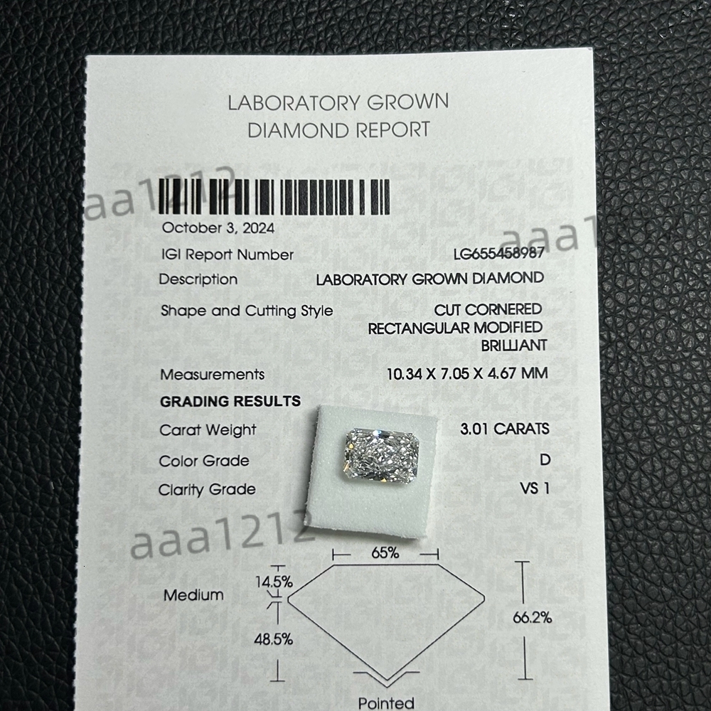 HQ GEMS1ct 2cts D VS1 HPHT Radiant Cut Diamond IGI Certificate Lab Grown 3 Carat CVD Diamond