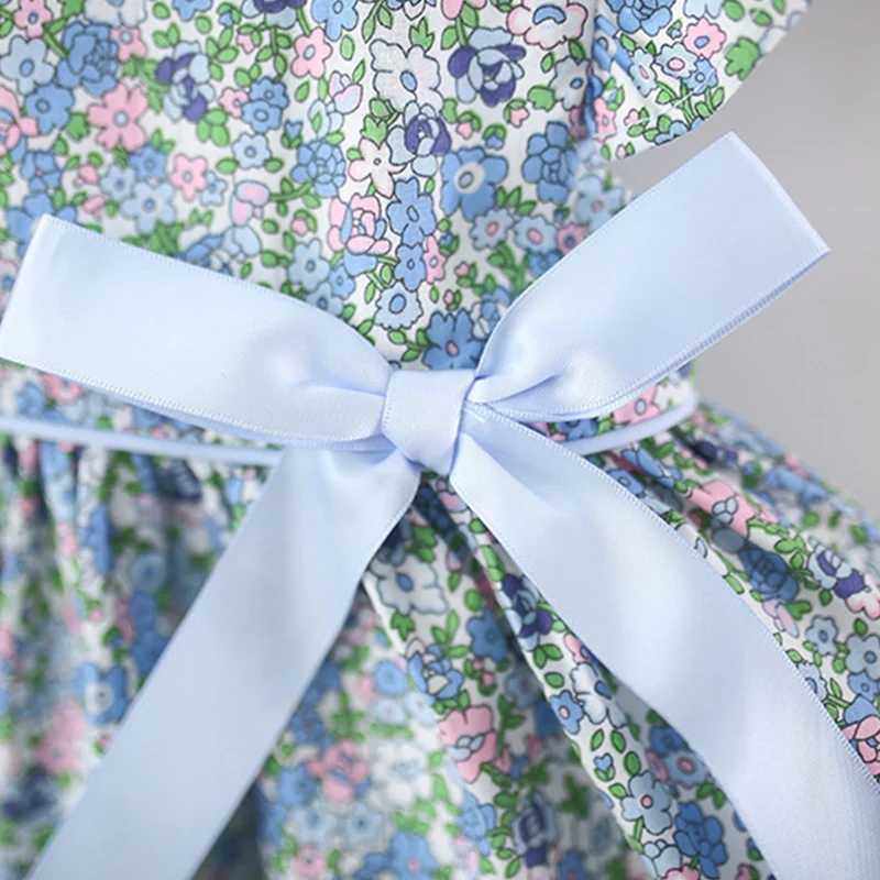 Summer New Blue Floral Baby Girl Dress Sweet Bow ChildrenS Sleeveless Clothes (9 Months - 4 Years Old) R250707