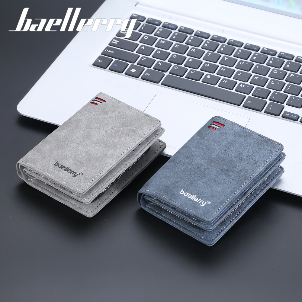 Designer Baellerry Men's Short Multi-Card Slot Zipper Buckle Coin Purse Suede Vertical Wallet Light Luxury Women's Bag