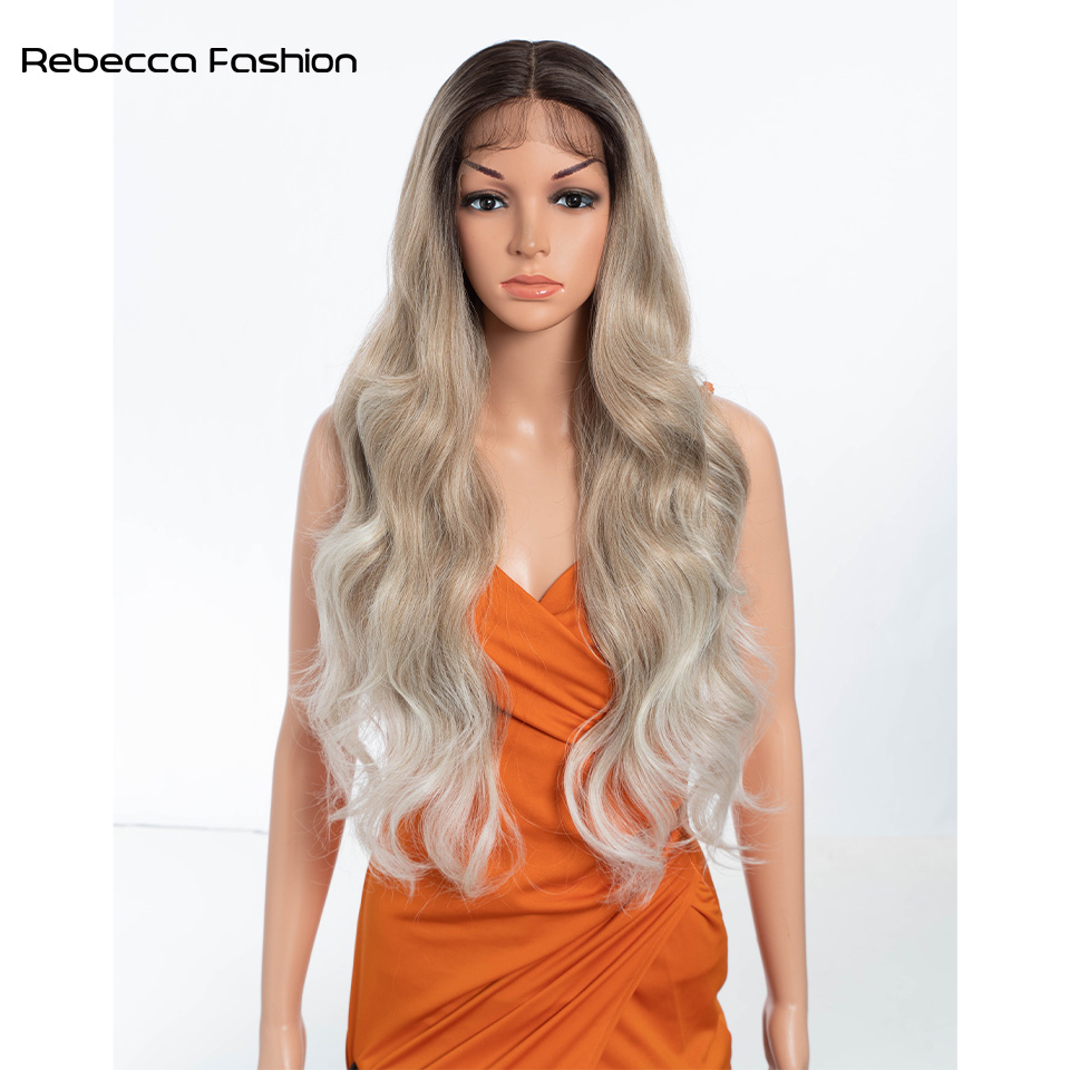Rebecca Fashion Front High-definition T-Lace 28 Inch Synthetic High Temperature Fiber Resistant Body Wave 13*4*1 Lace Bangs Daily Party For Women