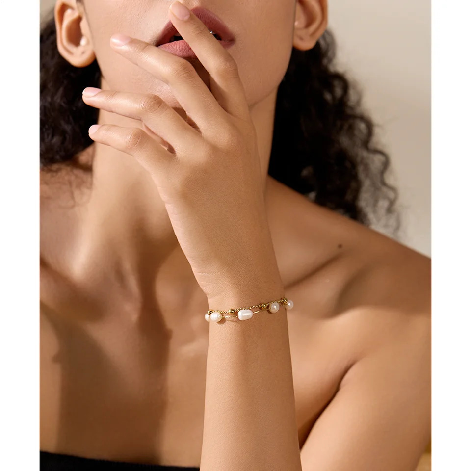 Yhpup Natural Pearls Double Layer Chain Stainless Steel Charm Bracelet Bangle Women Stylish Summer Jewelry Waterproof 250707