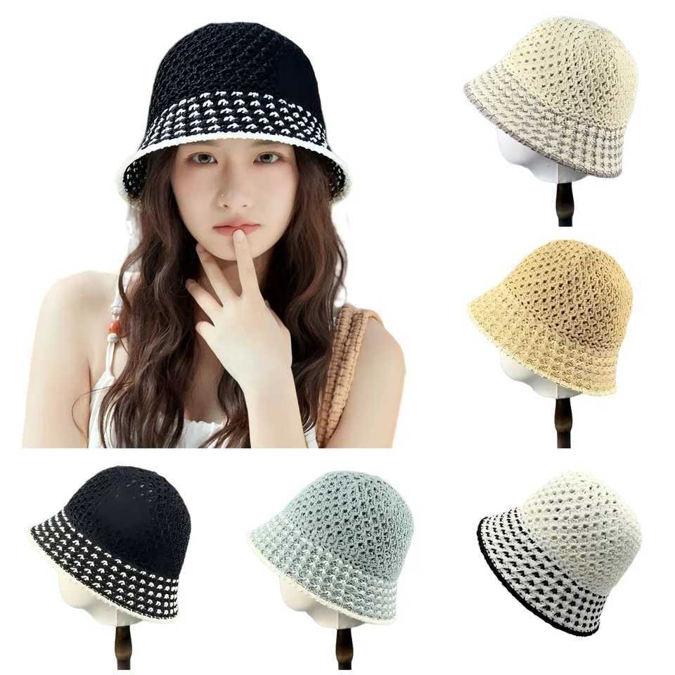 Spring Summer Straw Sun Hat for Women Hollow Colorful Striped Bucket Hat Outdoor Fisherman Hat Beach Travel Panama Caps Mom Gift Y250707