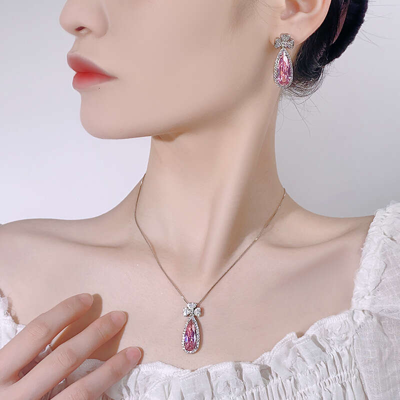 New Jewelry Set Earrings Necklace Pink Zircon Paraiba Emerald Water Drop Shape Women's Fashion Light A54